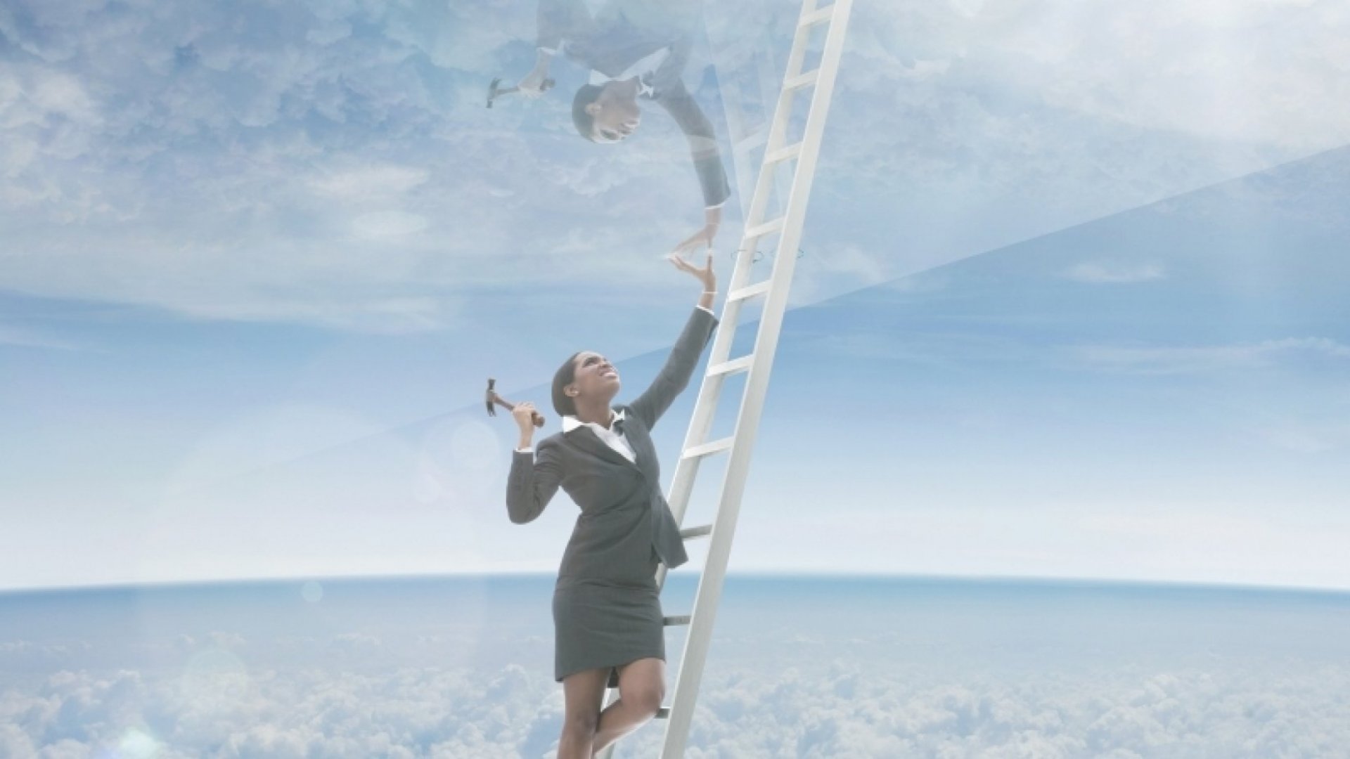 A woman stands on a ladder above the clouds, with a hammer in her hand poised to shatter the glass ceiling above her.