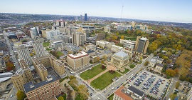 Aeriel shot of Pitt campus with city in background