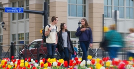 Students walking near tulips